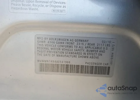 2010 Volkswagen Cc Sport из США, поврежденный, VIN WVWMN7AN4AE541966